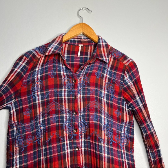 Free People Women's Magical Plaid Embroidered Button Down Top E - Picture 6 of 10